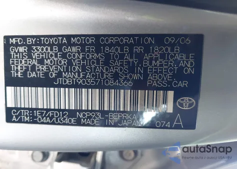 2007 Toyota Yaris z USA, uszkodzony, nr VIN JTDBT903571084366